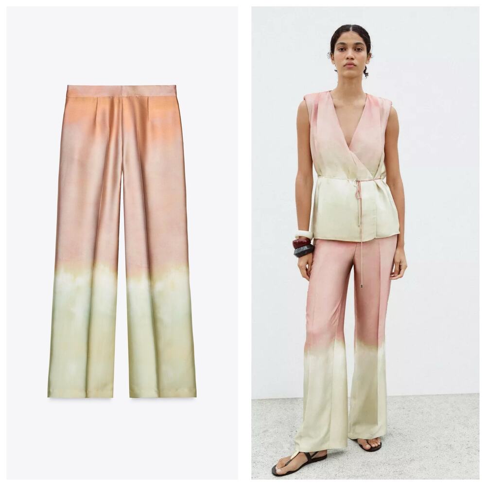 NWT Zara Satin Ombre Straight Leg Trousers Size Large 3091/322